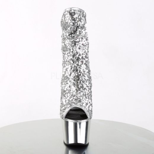 Product image of Pleaser Adore-1008Sq Silver Sequins/Silver Chrome, 7 inch (17.8 cm) Heel, 2 3/4 inch (7 cm) Platform Ankle Boot