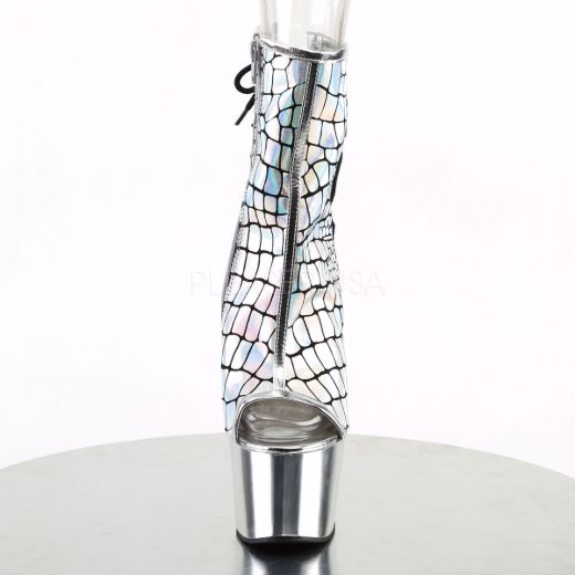 Product image of Pleaser Adore-1018Hg Silver Hologram Ostrich Pu/Silver Chrome, 7 inch (17.8 cm) Heel, 2 3/4 inch (7 cm) Platform Ankle Boot