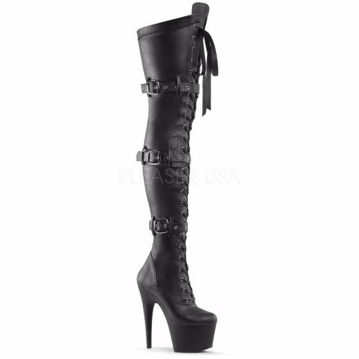 Product image of Pleaser Adore-3028 Black Stretch Faux Leather/Black Matte, 7 inch (17.8 cm) Heel, 2 3/4 inch (7 cm) Platform Thigh High Boot