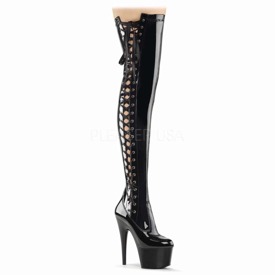 Product image of Pleaser Adore-3050 Black Stretch Patent/Black, 7 inch (17.8 cm) Heel, 2 3/4 inch (7 cm) Platform Thigh High Boot