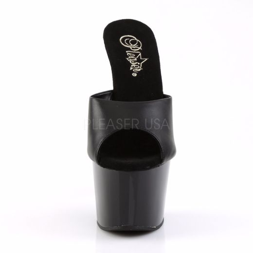 Product image of Pleaser Adore-701 Black Leather/ Black, 7 inch (17.8 cm) Heel, 2 3/4 inch (7 cm) Platform Slide Mule Shoes