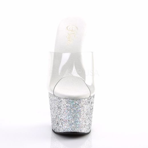 Product image of Pleaser Adore-701Lg Clear/Silver Multi Glitter, 7 inch (17.8 cm) Heel, 2 3/4 inch (7 cm) Platform Slide Mule Shoes