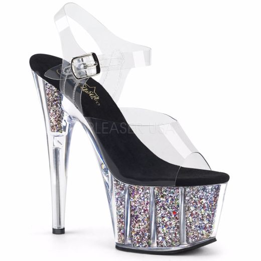 Product image of Pleaser Adore-708Cg Clear/Silver Confetti Glitter, 7 inch (17.8 cm) Heel, 2 3/4 inch (7 cm) Platform Sandal Shoes