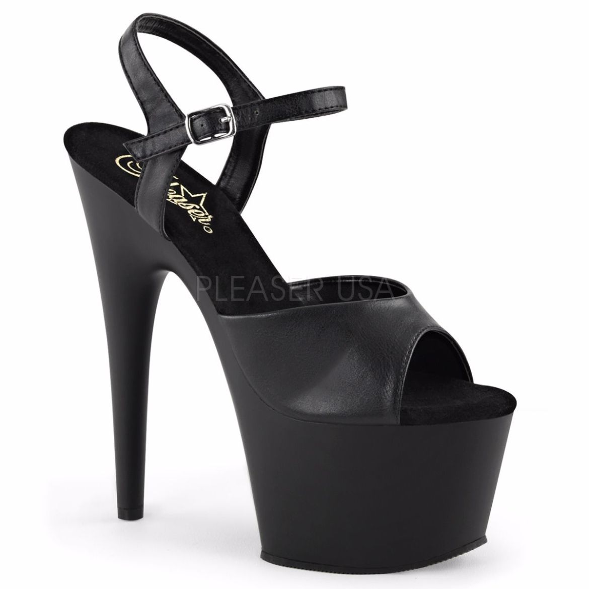 Product image of Pleaser Adore-709 Black Faux Leather/Black Matte, 7 inch (17.8 cm) Heel, 2 3/4 inch (7 cm) Platform Sandal Shoes