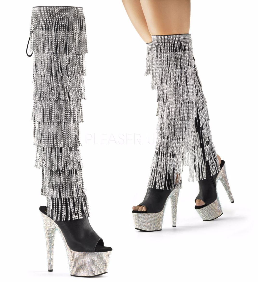Product image of Pleaser Bejeweled-3019Rsf-7 Black Faux Leather-Silver/Silver Multi Rhinestone, 7 inch (17.8 cm) Heel, 2 3/4 inch (7 cm) Platform Thigh High Boot