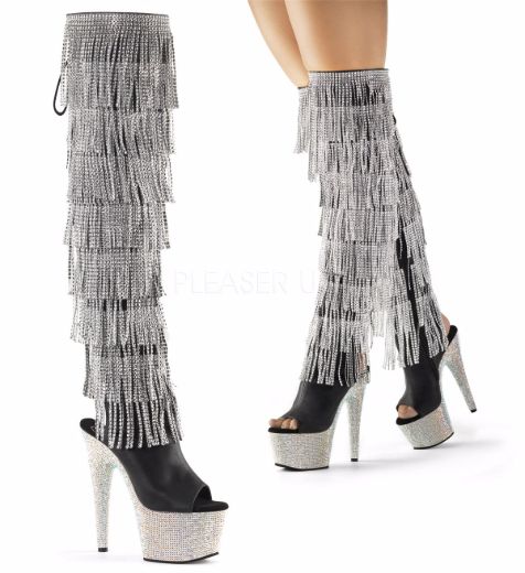 Product image of Pleaser Bejeweled-3019Rsf-7 Black Faux Leather-Silver/Silver Multi Rhinestone, 7 inch (17.8 cm) Heel, 2 3/4 inch (7 cm) Platform Thigh High Boot