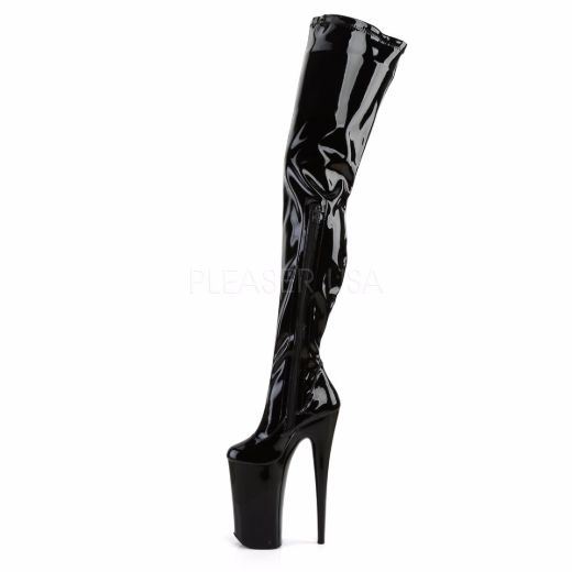 Product image of Pleaser Beyond-4000 Black Stretchetch Patent/Black, 10 inch (25.4 cm) Heel, 6 1/4 inch (15.9 cm) Platform Thigh High Boot