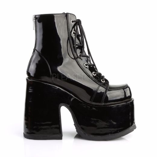 Product image of Demonia Camel-203 Black Patent, 5 inch (12.7 cm) Chunky Heel, 3 inch (7.6 cm) Platform Ankle Boot