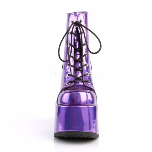 Product image of Demonia Camel-203 Purple Hologram Vegan Leather, 5 inch (12.7 cm) Chunky Heel, 3 inch (7.6 cm) Platform Ankle Boot
