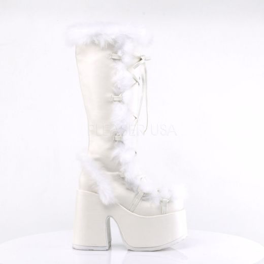 Product image of Demonia Camel-311 White Vegan Leather, 5 inch (12.7 cm) Heel, 3 inch (7.6 cm) Platform Knee High Boot