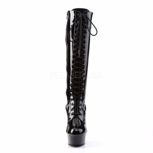 Product image of Pleaser Delight-2023 Black Stretch Patent/Black, 6 inch (15.2 cm) Heel, 1 3/4 inch (4.4 cm) Platform Knee High Boot