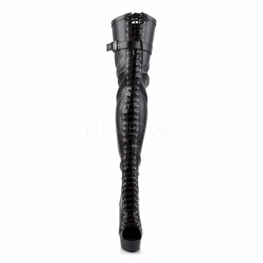 Product image of Pleaser Delight-3025 Black Stretch Faux Leather/Black Matte, 6 inch (15.2 cm) Heel, 1 3/4 inch (4.4 cm) Platform Thigh High Boot