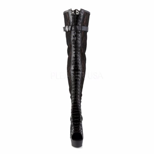 Product image of Pleaser Delight-3025Ml Black Faux Leather-Mesh-Lace/Black Matte, 6 inch (15.2 cm) Heel, 1 3/4 inch (4.4 cm) Platform Thigh High Boot