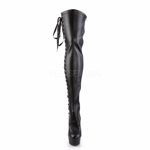Product image of Pleaser Delight-3050 Black Stretch Faux Leather/Black Matte, 6 inch (15.2 cm) Heel, 1 3/4 inch (4.4 cm) Platform Thigh High Boot