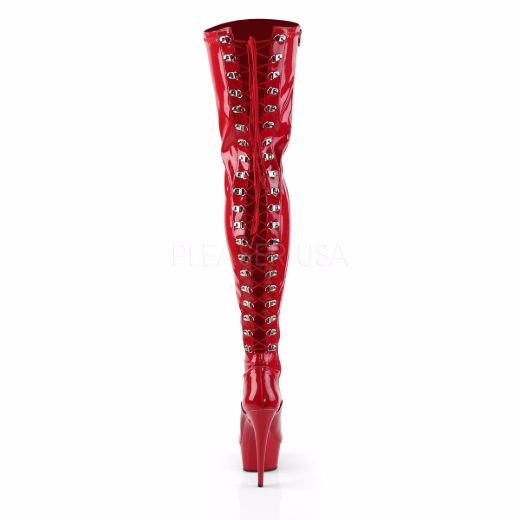 Product image of Pleaser Delight-3063 Red Stretch Patent/Red, 6 inch (15.2 cm) Heel, 1 3/4 inch (4.4 cm) Platform Thigh High Boot