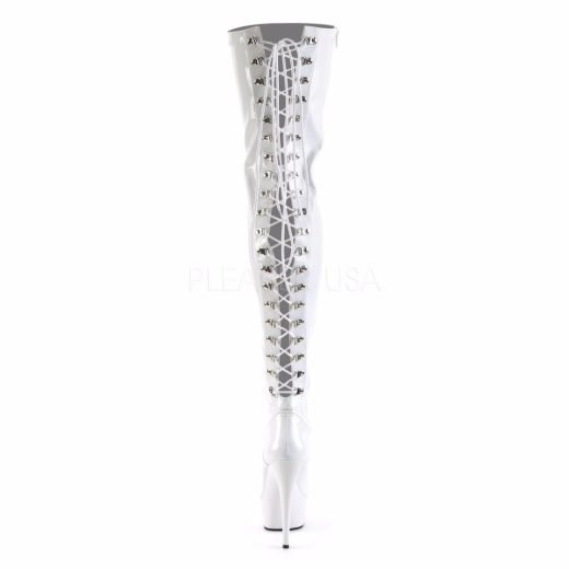 Product image of Pleaser Delight-3063 White Stretch Patent/White, 6 inch (15.2 cm) Heel, 1 3/4 inch (4.4 cm) Platform Thigh High Boot
