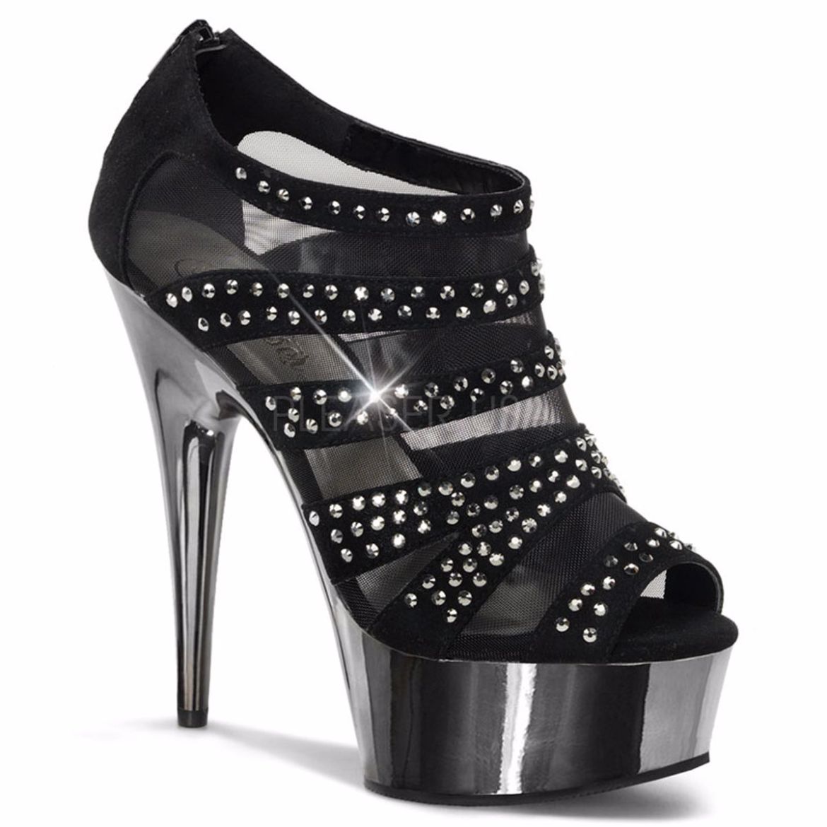 Product image of Pleaser Delight-600-8 Black Vegan Suede/Pewter Chrome, 6 inch (15.2 cm) Heel, 1 3/4 inch (4.4 cm) Platform Ankle Boot