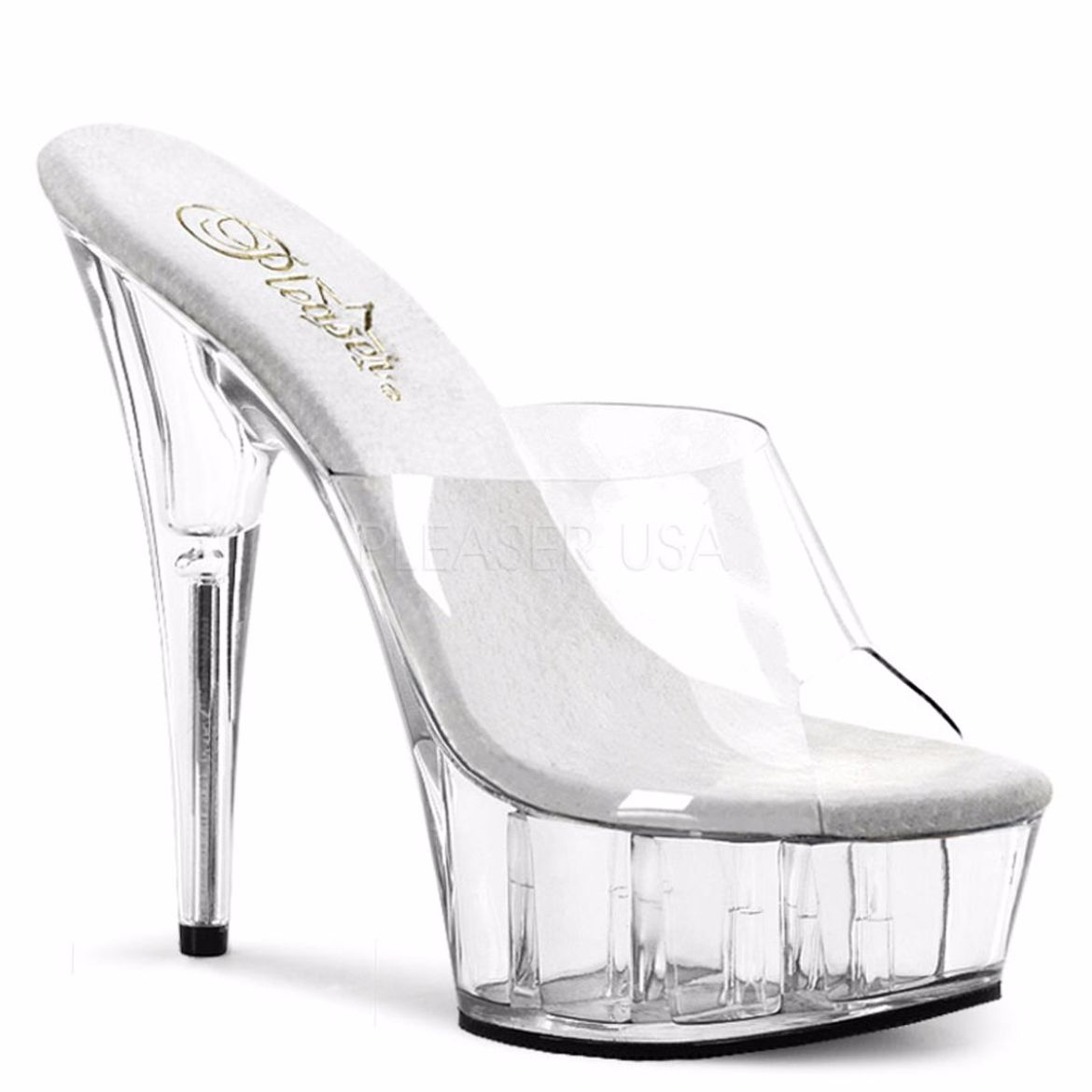 Product image of Pleaser Delight-601 Clear/Clear, 6 inch (15.2 cm) Heel, 1 3/4 inch (4.4 cm) Platform Slide Mule Shoes