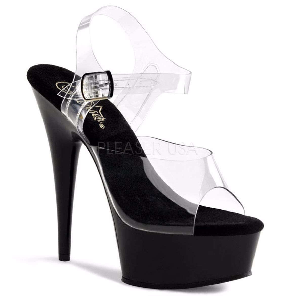 Product image of Pleaser Delight-608 Clear/Black, 6 inch (15.2 cm) Heel, 1 3/4 inch (4.4 cm) Platform Sandal Shoes