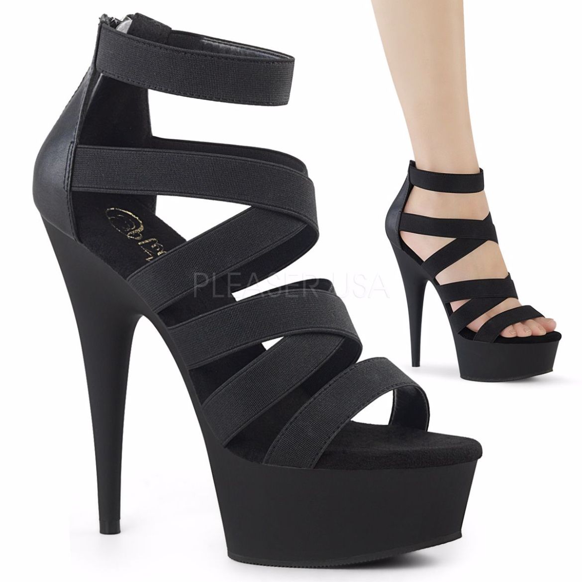 Product image of Pleaser Delight-659 Black Elastic Band-Faux Leather/Black Matte, 6 inch (15.2 cm) Heel, 1 3/4 inch (4.4 cm) Platform Sandal Shoes