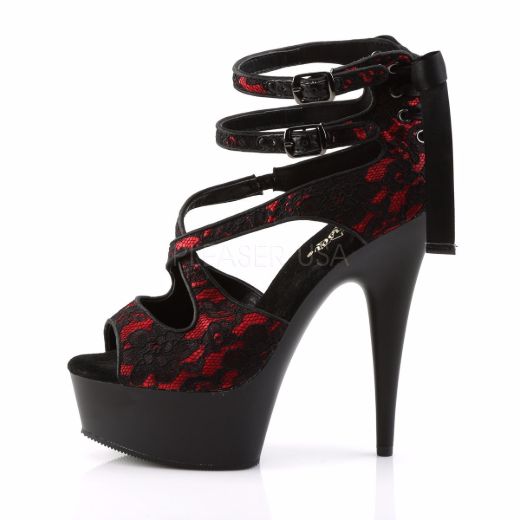 Product image of Pleaser Delight-678Lc Red Satin-Lace/Black Matte, 6 inch (15.2 cm) Heel, 1 3/4 inch (4.4 cm) Platform Sandal Shoes