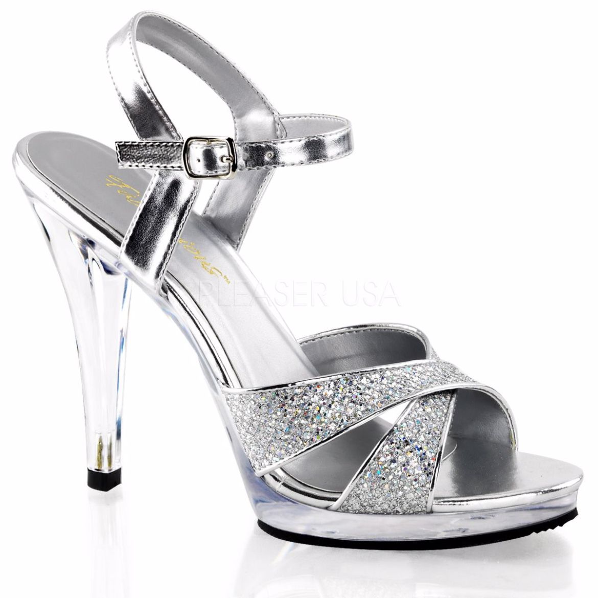 Product image of Fabulicious Flair-419(G) Silver Multi Glitter/Clear, 4 1/2 inch (11.4 cm) Heel, 1/2 inch (1.3 cm) Platform Sandal Shoes