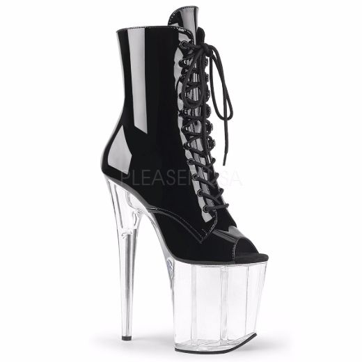 Product image of Pleaser Flamingo-1021 Black Patent/Clear, 8 inch (20.3 cm) Heel, 4 inch (10.2 cm) Platform Ankle Boot