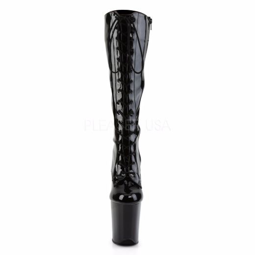 Product image of Pleaser Flamingo-2023 Black Stretch Patent/Black, 8 inch (20.3 cm) Heel, 4 inch (10.2 cm) Platform Knee High Boot