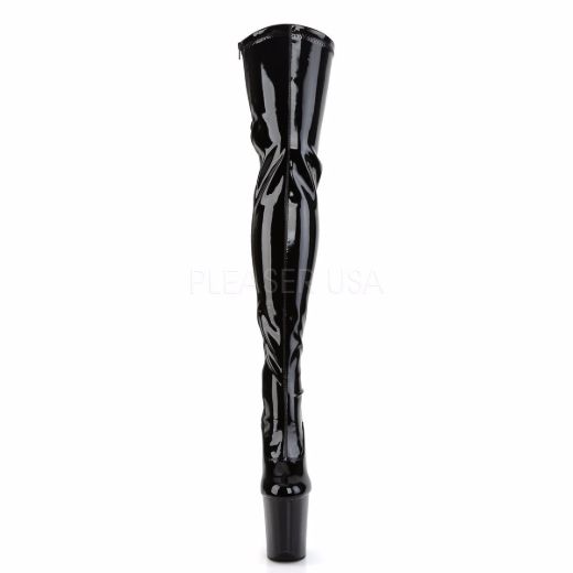 Product image of Pleaser Flamingo-3063 Black Stretch Patent/Black, 8 inch (20.3 cm) Heel, 4 inch (10.2 cm) Platform Thigh High Boot