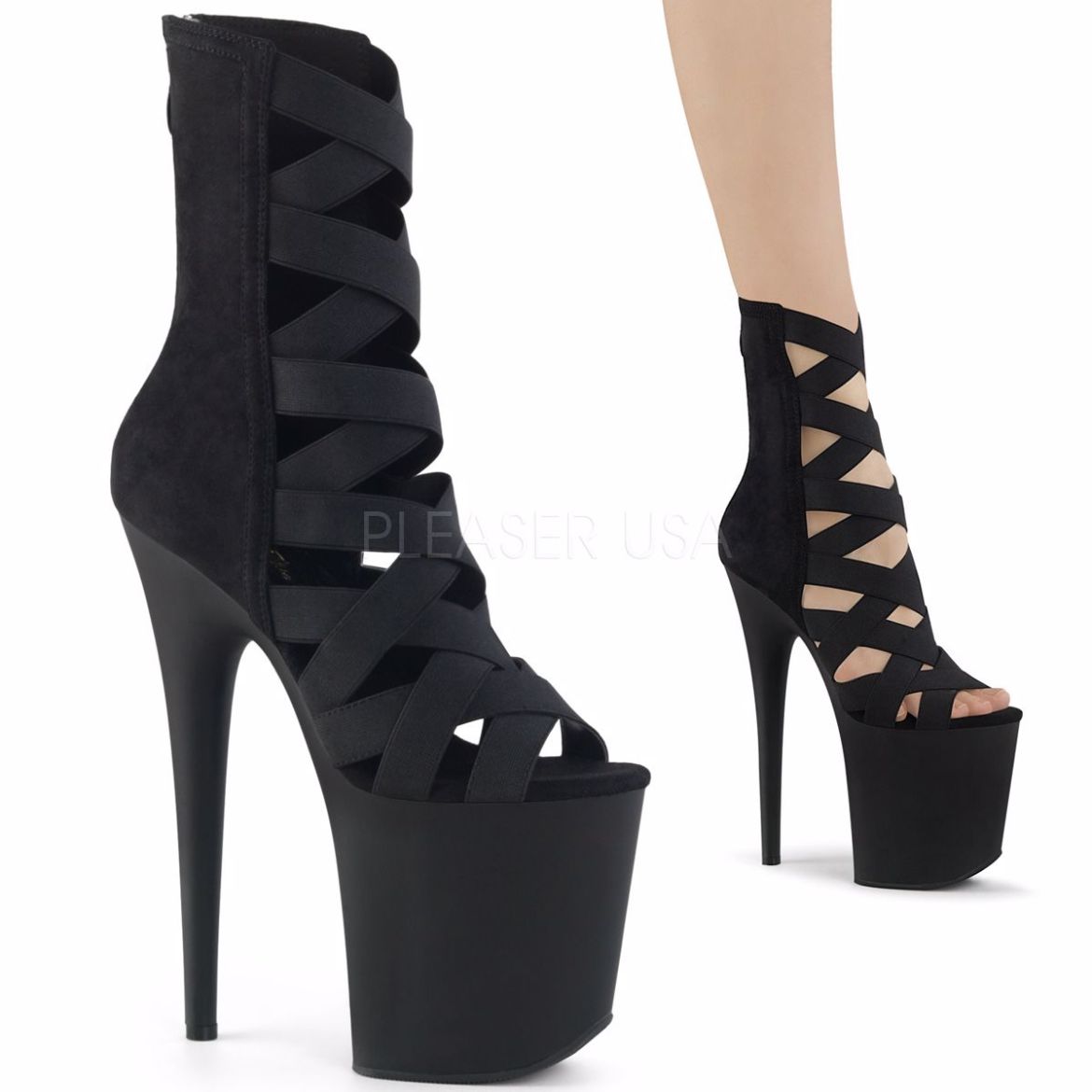 Product image of Pleaser Flamingo-800-24 Black Elastic Band-Microfiber/Black Matte, 8 inch (20.3 cm) Heel, 4 inch (10.2 cm) Platform Sandal Shoes