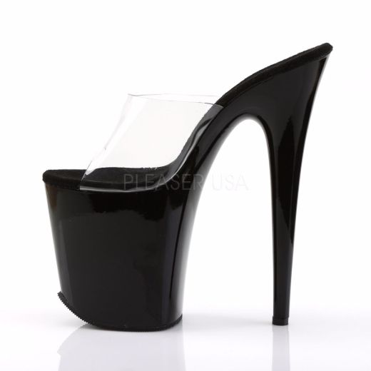 Product image of Pleaser Flamingo-801 Clear/Black, 8 inch (20.3 cm) Heel, 4 inch (10.2 cm) Platform Slide Mule Shoes