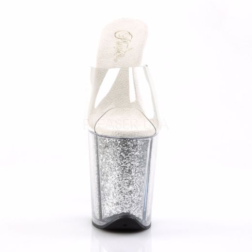 Product image of Pleaser Flamingo-801G Clear/Silver Glitter, 8 inch (20.3 cm) Heel, 4 inch (10.2 cm) Platform Slide Mule Shoes