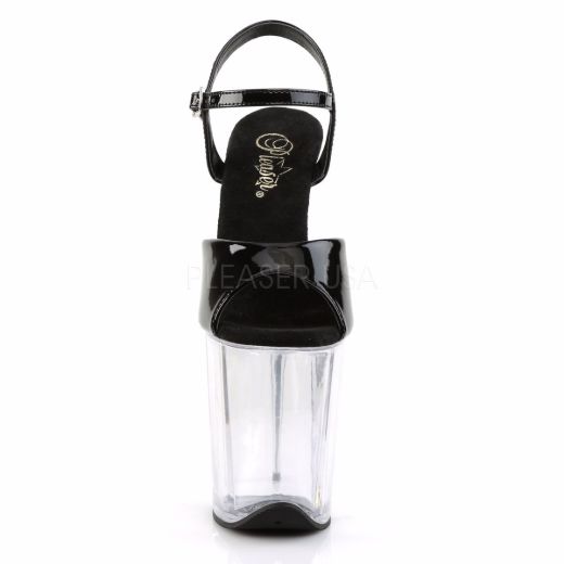 Product image of Pleaser Flamingo-809 Black Patent/Clear, 8 inch (20.3 cm) Heel, 4 inch (10.2 cm) Platform Sandal Shoes