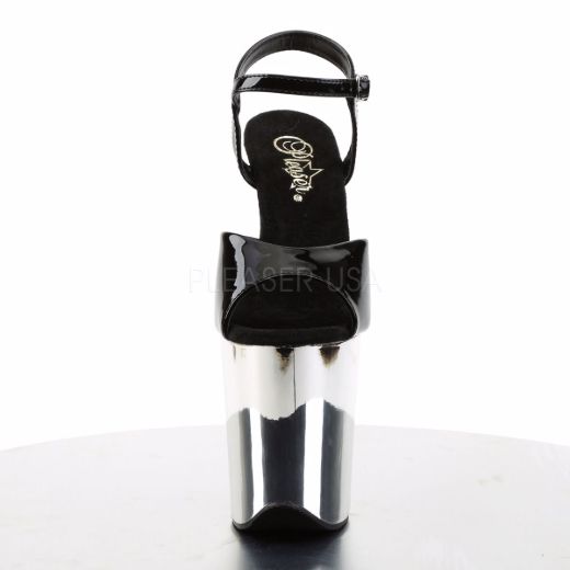 Product image of Pleaser Flamingo-809 Black Patent/Silver Chrome, 8 inch (20.3 cm) Heel, 4 inch (10.2 cm) Platform Sandal Shoes