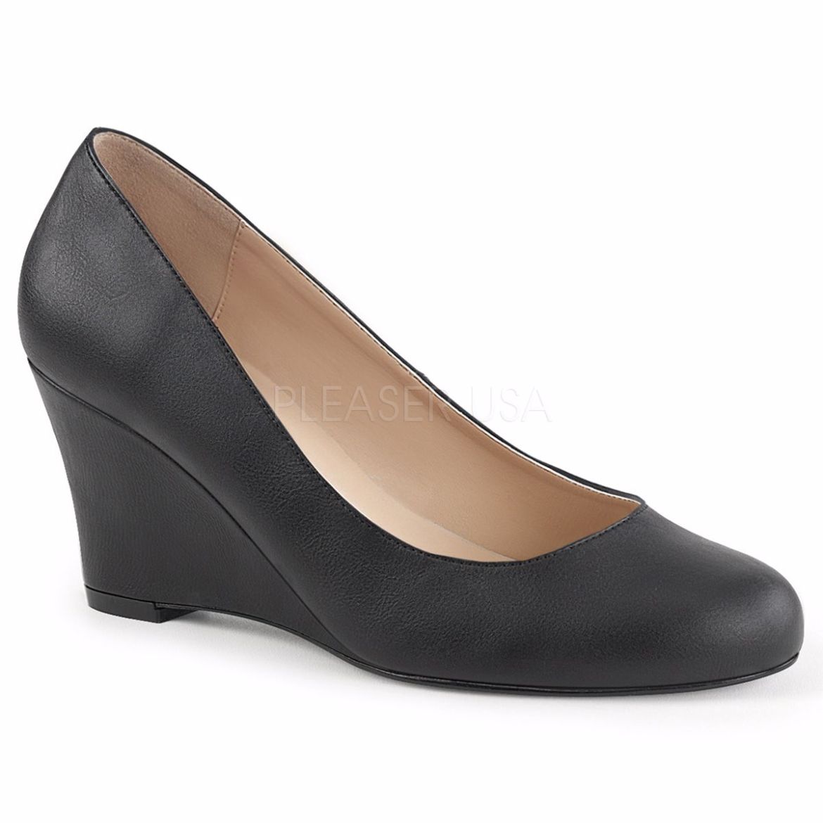Product image of Pleaser Pink Label Kimberly-08 Black Faux Leather, 3 inch (7.6 cm) Wedge Court Pump Shoes