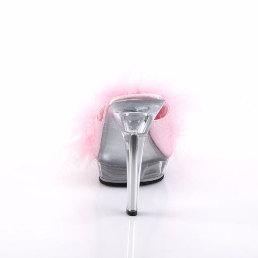 Product image of Fabulicious Lip-101-8 Baby Pink Satin-Fur/Clear, 5 inch (12.7 cm) Heel, 3/4 inch (1.9 cm) Platform Slide Mule Shoes