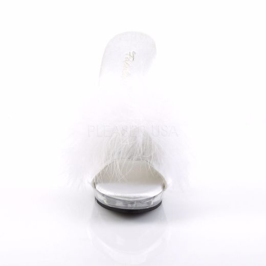 Product image of Fabulicious Lip-101-8 White Satin-Fur/Clear, 5 inch (12.7 cm) Heel, 3/4 inch (1.9 cm) Platform Slide Mule Shoes