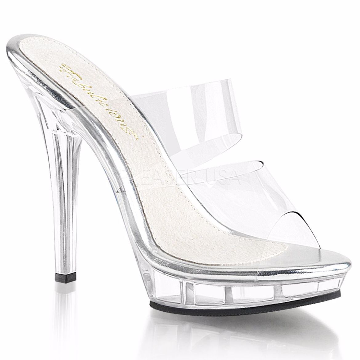 Product image of Fabulicious Lip-102 Clear/Clear, 5 inch (12.7 cm) Heel, 3/4 inch (1.9 cm) Platform Slide Mule Shoes
