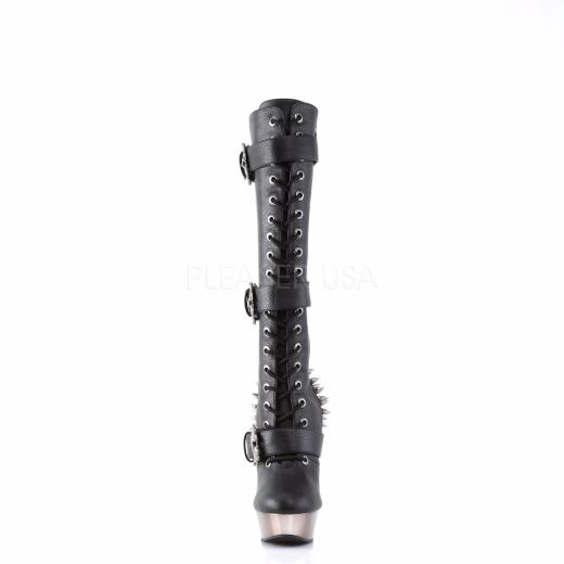 Product image of Demonia Muerto-2028 Black Vegan Leather/Pewter Chrome, 5 1/2 inch (14 cm) Heel, 1 1/2 inch (3.8 cm) Platform Knee High Boot