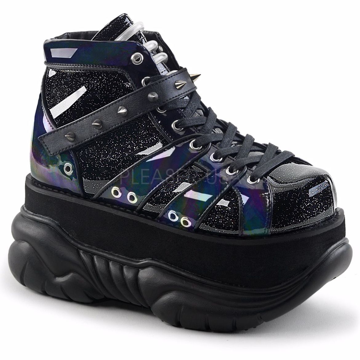 Product image of Demonia Neptune-100 Black Glitter-Silver/Vegan Leather, 3 inch Platform Ankle Boot