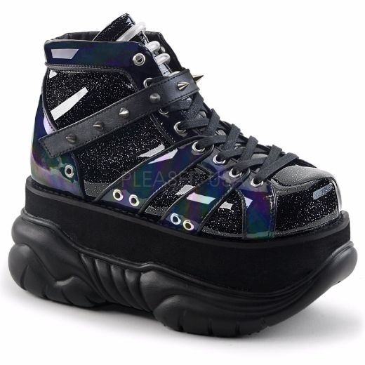 Product image of Demonia Neptune-100 Black Glitter-Silver/Vegan Leather, 3 inch Platform Ankle Boot