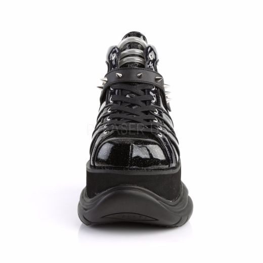 Product image of Demonia Neptune-100 Black Glitter-Silver/Vegan Leather, 3 inch Platform Ankle Boot