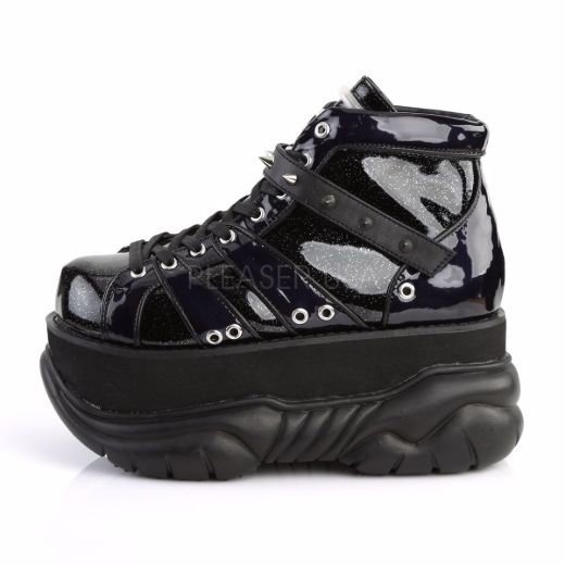 Product image of Demonia Neptune-100 Black Glitter-Silver/Vegan Leather, 3 inch Platform Ankle Boot