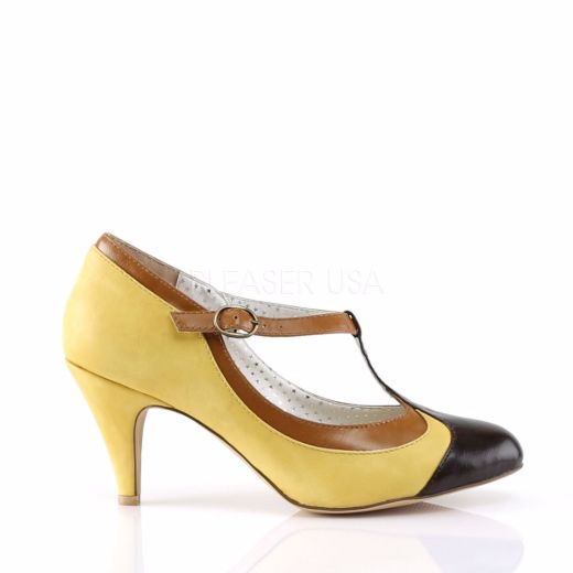 Product image of Pin Up Couture Peach-03 Yellow Multi Faux Leather, 3 inch (7.6 cm) Heel T-Strap Court Pump Shoes
