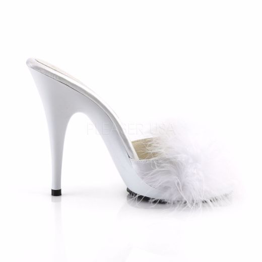 Product image of Fabulicious Poise-501F White Satin-Marabou Fur/White, 5 inch (12.7 cm) Heel, 3/8 inch (1 cm) Platform Sandal Shoes