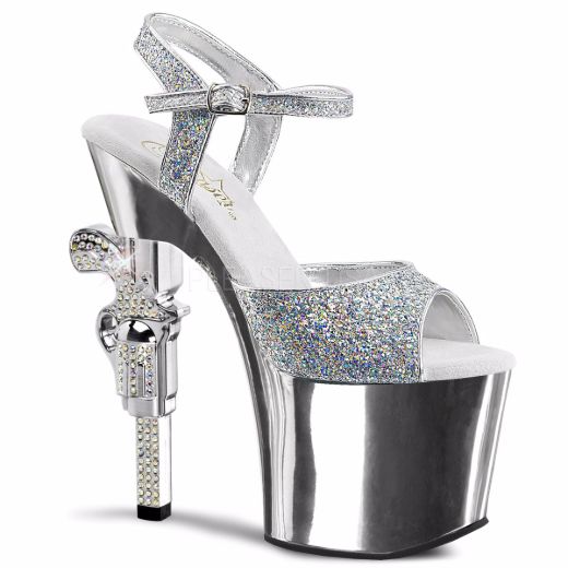 Product image of Pleaser Revolver-709G Silver Multi Glitter/Silver Chrome, 7 inch (17.8 cm) Heel, 3 1/4 inch (8.3 cm) Platform Sandal Shoes