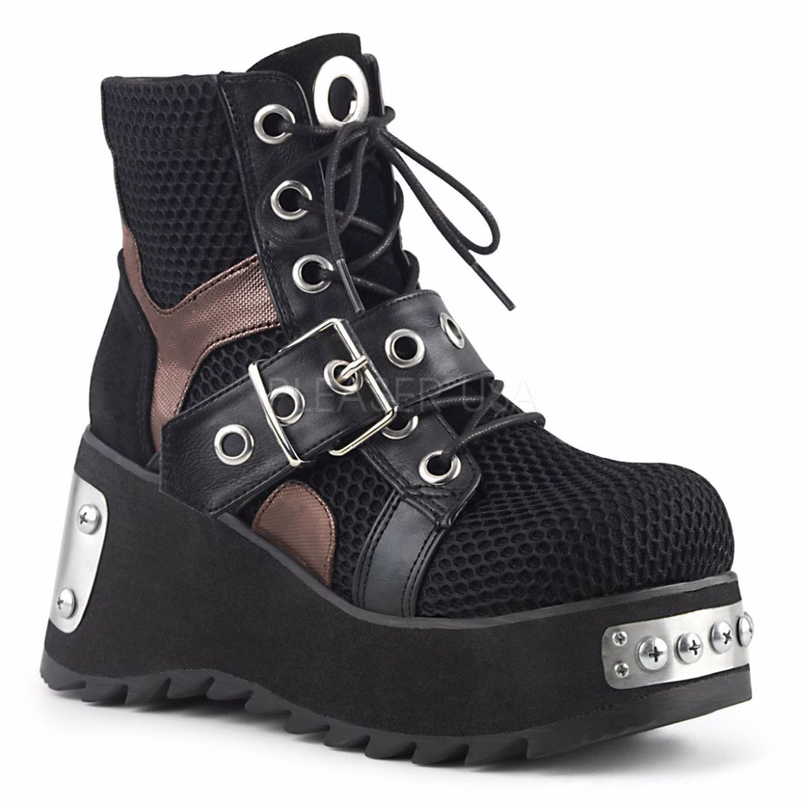 Product image of Demonia Scene-53 Black Vegan Leather-Fishnet Fabric, 3 1/2 inch Platform Ankle Boot