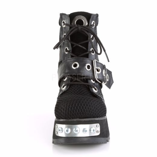 Product image of Demonia Scene-53 Black Vegan Leather-Fishnet Fabric, 3 1/2 inch Platform Ankle Boot