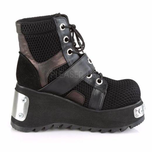 Product image of Demonia Scene-53 Black Vegan Leather-Fishnet Fabric, 3 1/2 inch Platform Ankle Boot