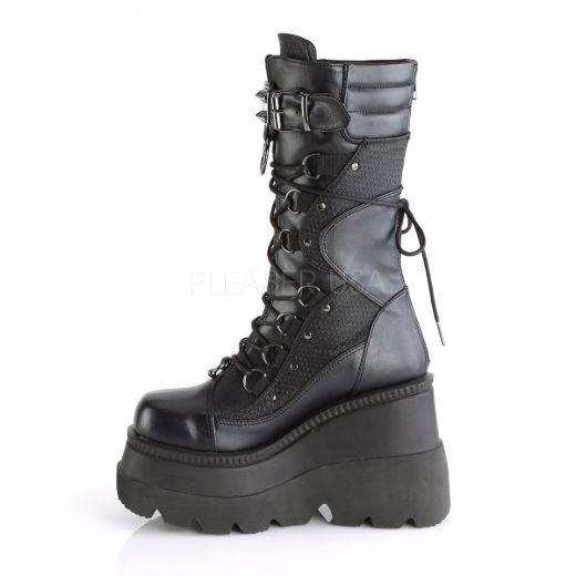 Product image of Demonia Shaker-70 Black Vegan Leather, 4 1/2 inch (11.4 cm) Wedge Platform Knee High Boot
